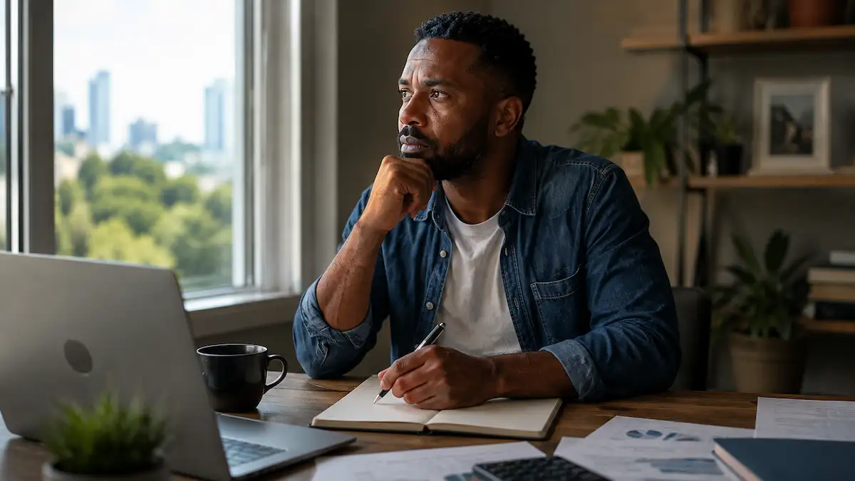 Pessoa refletindo diante de uma janela enquanto revisa suas finanças e planeja mudanças para construir uma vida financeira mais consciente e equilibrada.