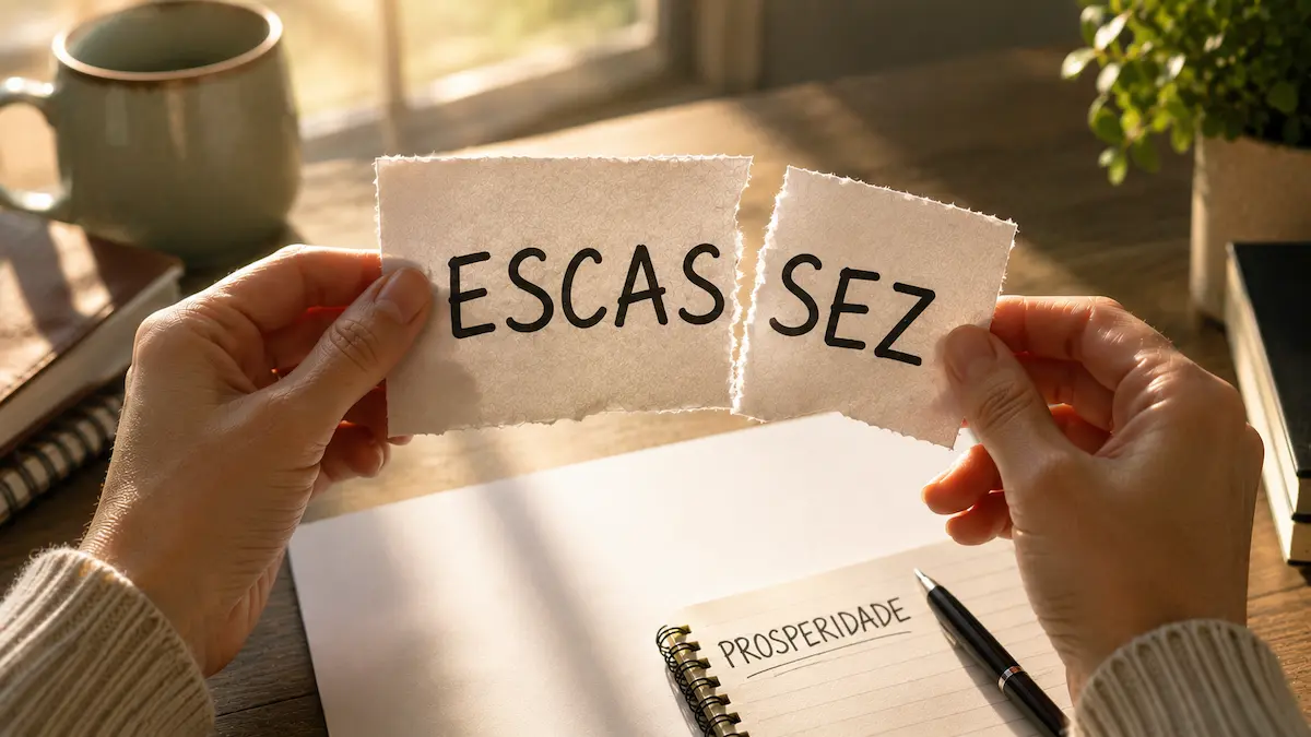 Pessoa em frente a um espelho quebrado, com reflexos fragmentados representando crenças financeiras a serem desconstruídas