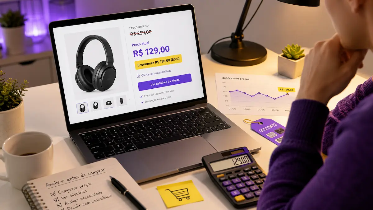 Pessoa analisando uma promoção de fones de ouvido em um notebook, comparando o preço atual com o histórico de preços antes de comprar.