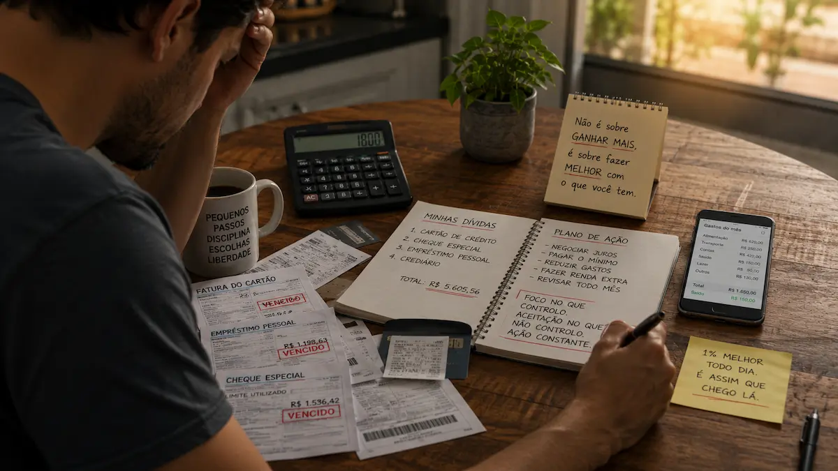 Mão segurando calculadora sobre uma mesa com contas e notas rasuradas representando o planejamento financeiro para sair das dívidas mesmo com pouca renda