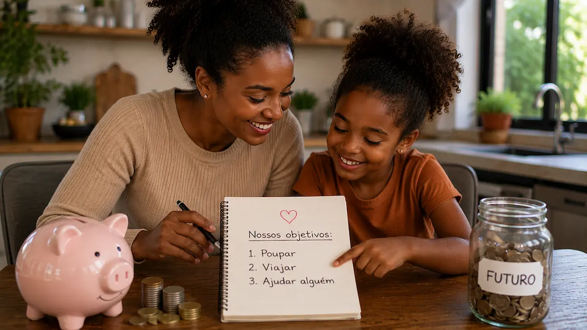 Mãe e filha sentadas à mesa, conversando e olhando para moedas e um cofrinho. A imagem transmite acolhimento e aprendizado natural sobre dinheiro.