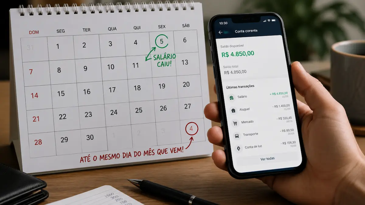 Calendário mensal ilustrando o ciclo entre o recebimento do salário e o próximo pagamento