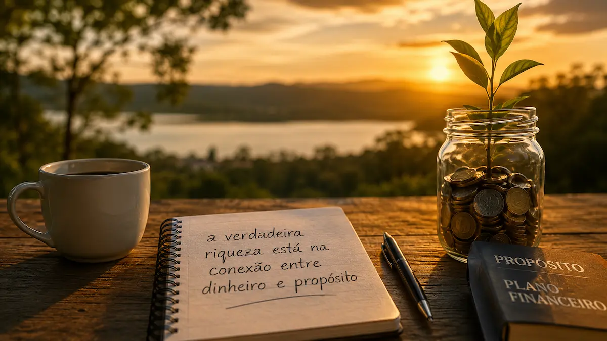 Pessoa caminhando por um campo com sol ao fundo, longe da cidade, segurando um livro – representa a conexão entre dinheiro e propósito, a busca por sentido além do acúmulo material