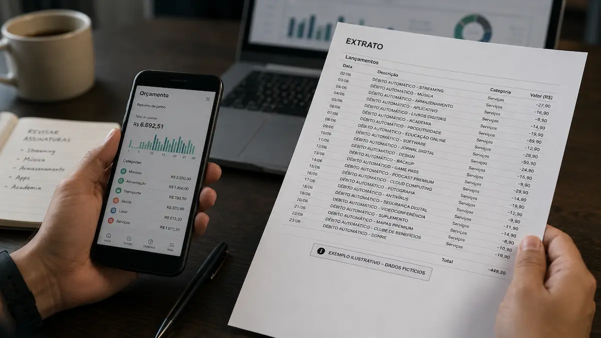Extrato bancário com diversos pequenos débitos recorrentes destacados, representando assinaturas esquecidas que se acumulam sem serem percebidas
