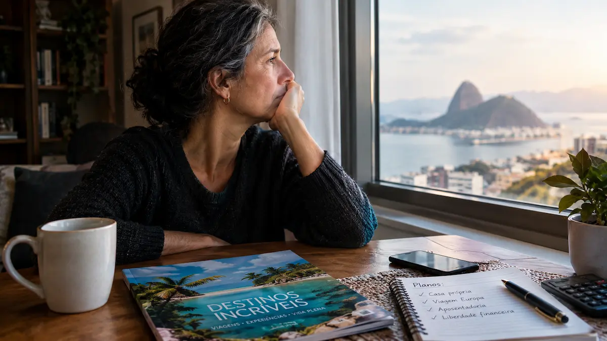 Pessoa de meia-idade olhando pela janela com expressão pensativa, com uma revista de viagens fechada sobre a mesa, representando a distância entre a imagem idealizada de aposentadoria e a realidade financeira