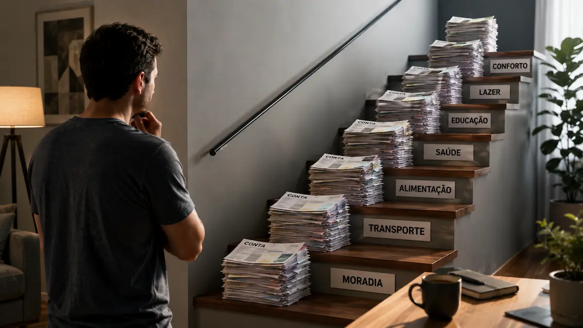 Pessoa observando um degrau de escada que sobe junto com uma pilha de contas, representando o padrão de vida que cresce na mesma velocidade da renda