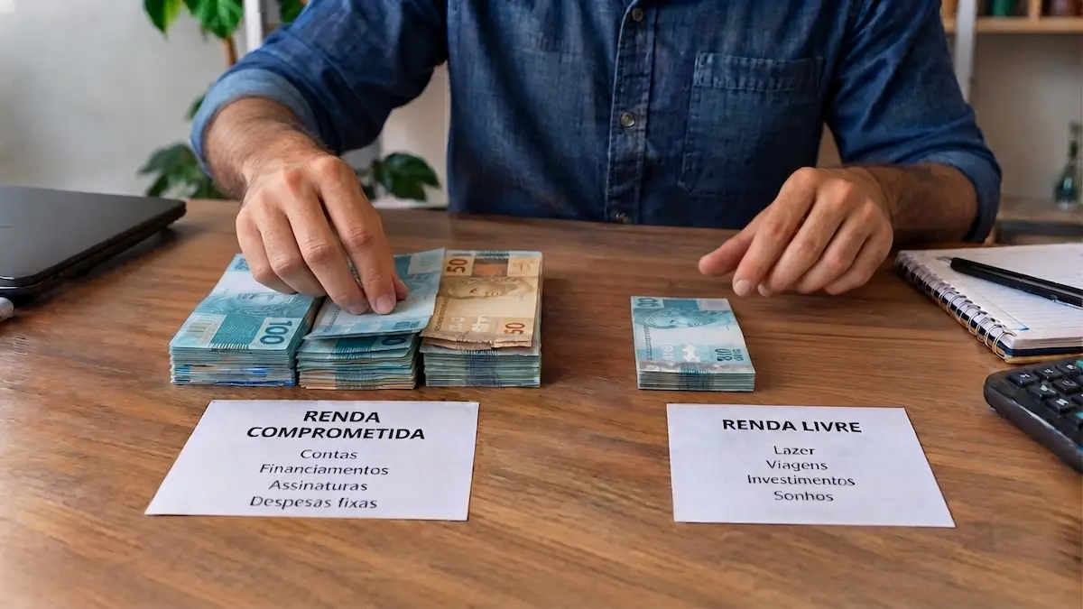 Pessoa organizando notas de dinheiro em pilhas separadas sobre a mesa, representando a divisão entre renda comprometida e renda livre para decidir