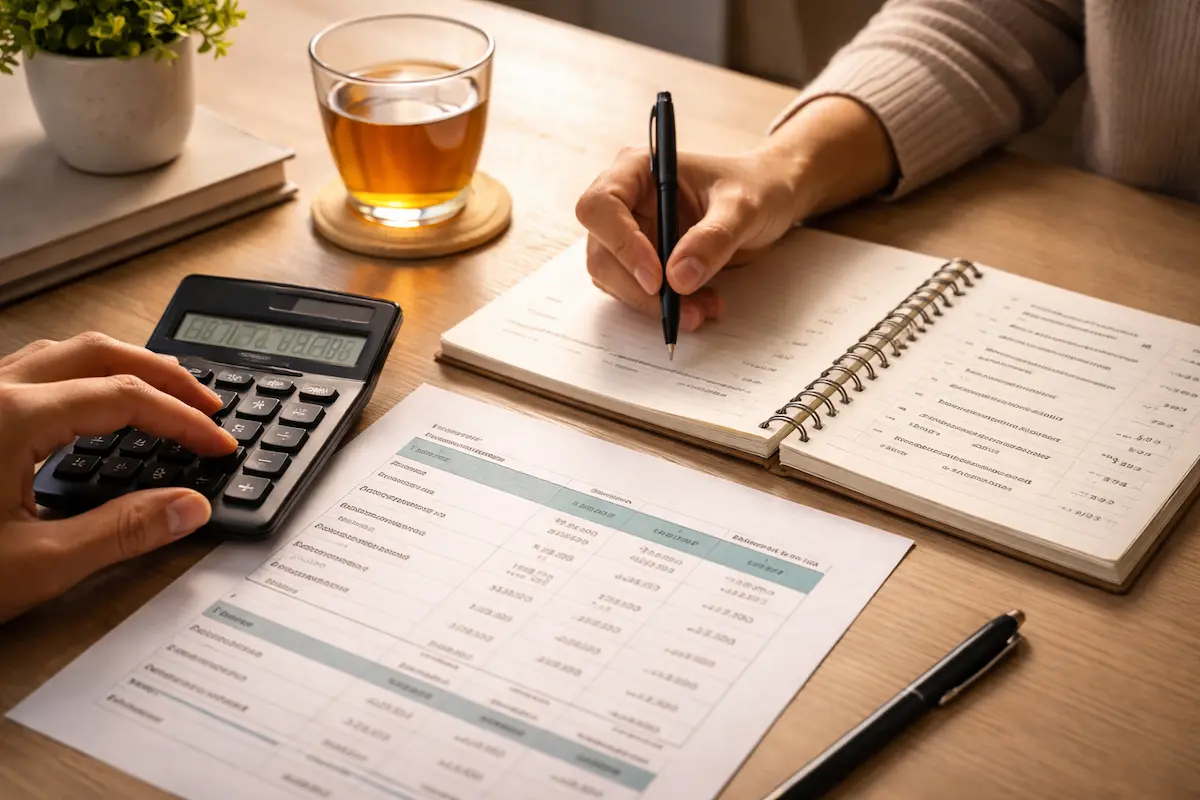 Pessoa organizando finanças em uma planilha, com calculadora e notas, representando controle financeiro e organização de orçamento pessoal