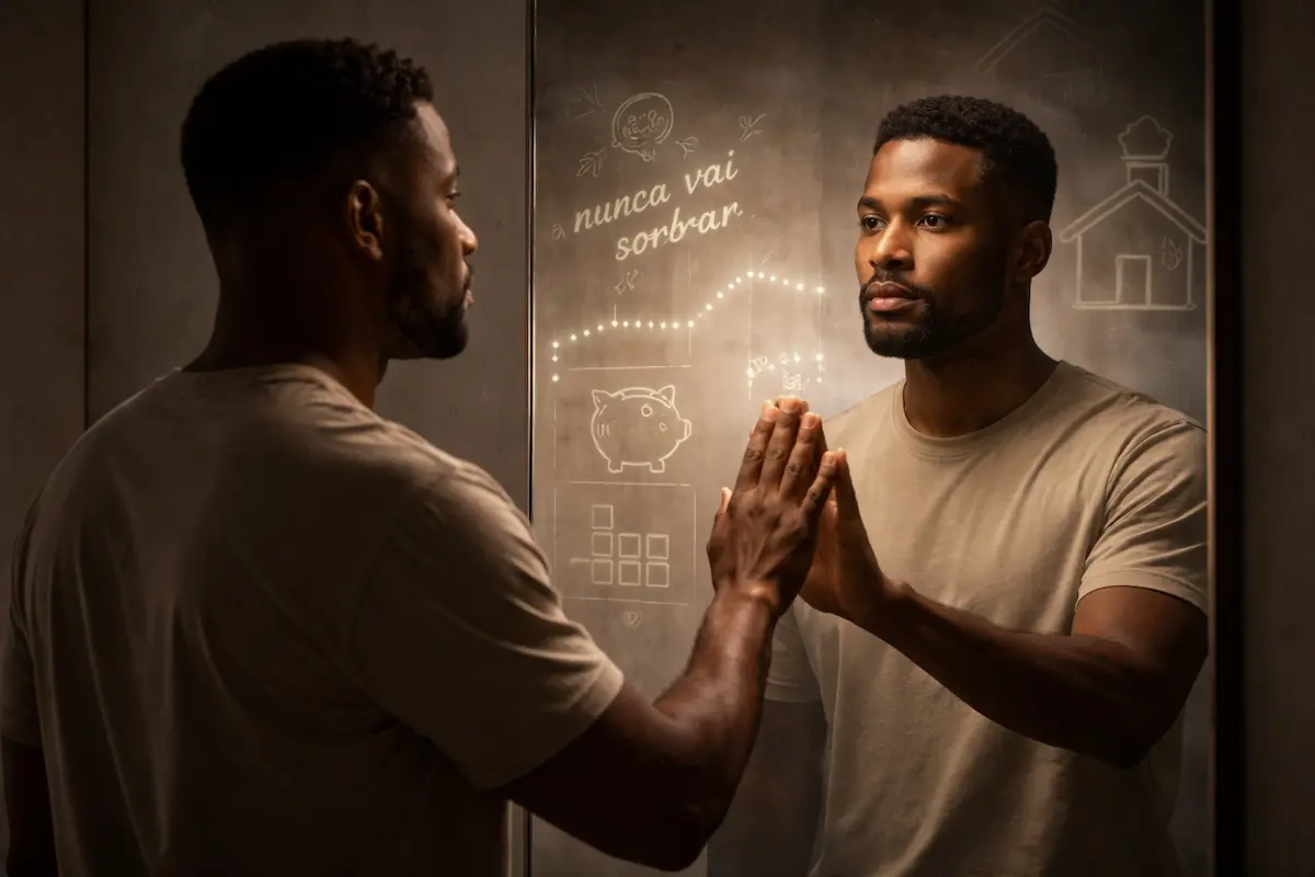 Pessoa em frente ao espelho refletindo sobre sua relação com o dinheiro, representando autoconhecimento financeiro